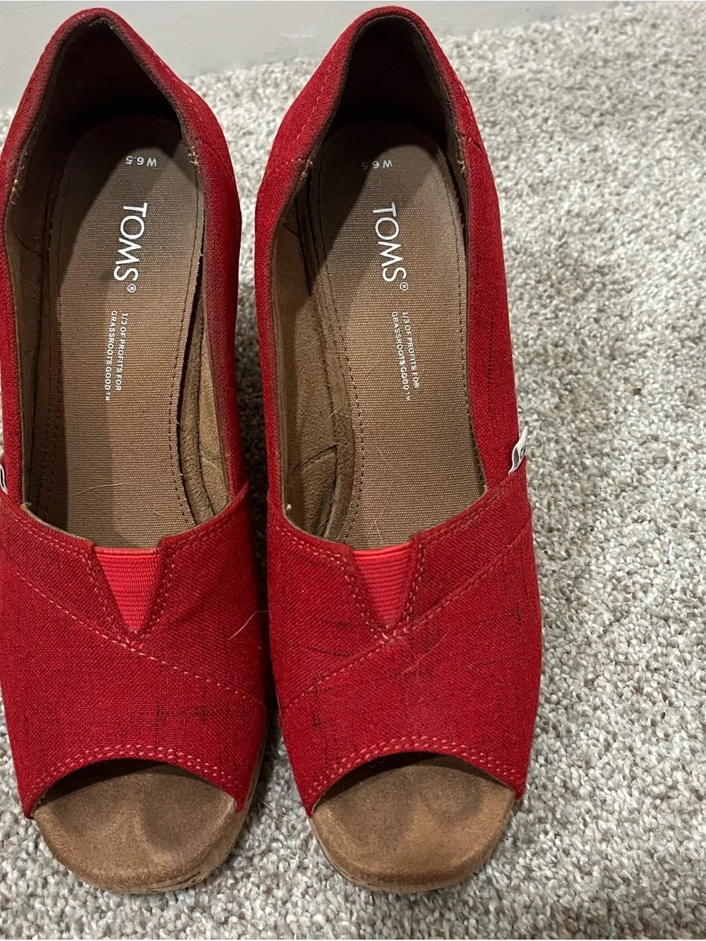Toms Red Canvas Wedge Peep-Toe Slip-Ons